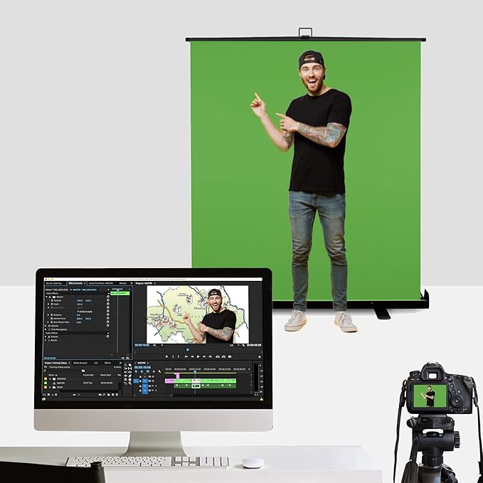 【Wider Style】 KHOMO Gear Green Screen 84 x 84 inch – Extra Large Pull Down Backdrop – Portable Collapsible Roll Down Projector Screen – Green Screen for Video, Streaming, and Photography