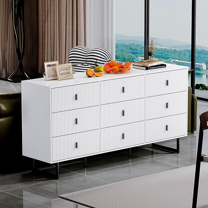 Chrangmay Modern Chest of Drawers with 9 Drawers,Deep Drawers,Clothes Organizer,Large Storage Cabinet for Living Room, Bedroom,Hallway,with Anti-Tipping Device, White