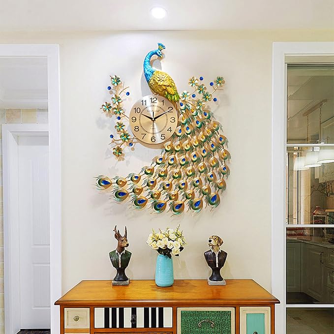 29.5" Large Peacock Wall Clock Crystal Decor, 3D Creative Luxury Wall Clock Silent Non-Ticking Battery Operated Living Room Decor Big Clock