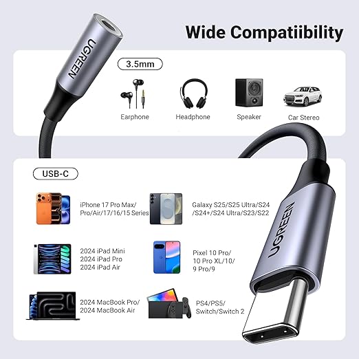 UGREEN USB C to 3.5mm Audio Adapter Type C to Headphone Aux Jack Dongle 24bit/96kHz HiFi DAC Cable Cord Compatible with iPhone 17 16 Pro Max/16 Plus, iPad, Galaxy S25 S24 Ultra, Pixel 10 Grey