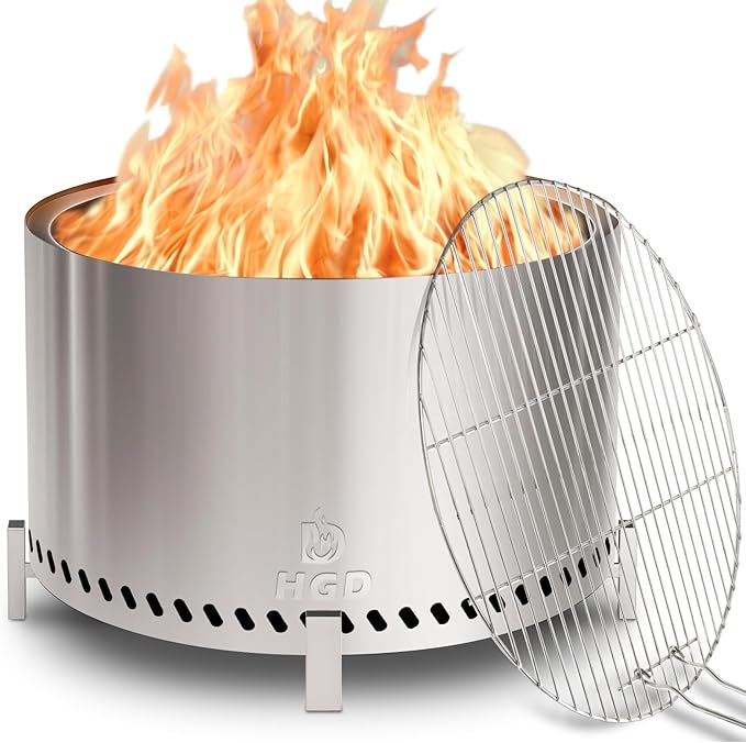 HGD 28 Inch Smokeless Firepit, Stainless Steel Fire Pit, Wood Burning Firepit for Patio Garden Picnic