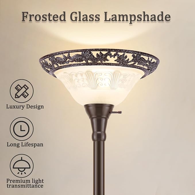 Luvkczc Torchiere Floor Lamp for Living Room - 70" Victorian Floor Lamp with with Etched Glass Shade, Vintage Standing Corner Tall Reading Light for Bedroom Office
