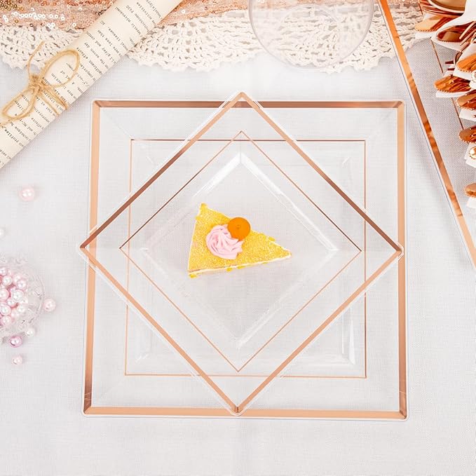 DaYammi 175 PCS Rose Gold Plastic Plates, Rose Gold Plastic Dinnerware Sets Includes: 25 Dinner Plates, 25 Salad Plates, 25 Pre Rolled Napkins with silverware 25 Cups 9 OZ, Perfect for Valentine's Day