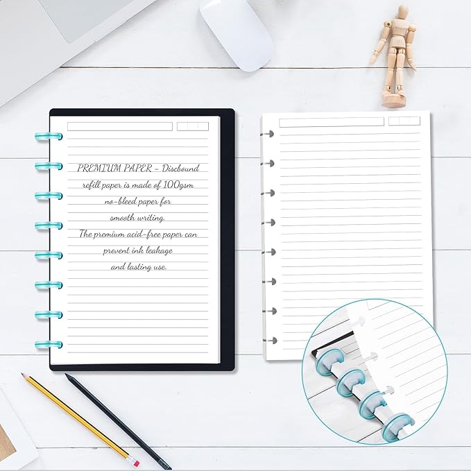 Discbound Refill Paper, Classic Size (7" x 9.25") Disc Paper Refill for Note-Taking System Discbound Planner Inserts with 240 Pages, 5 Sheets Dividers, White Binder Inserts