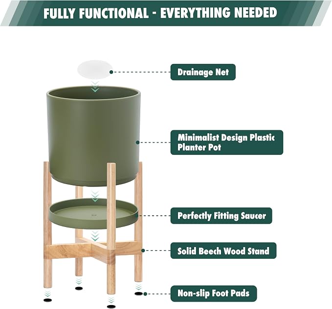 D'vine Dev Planter Pot with Stand - 14 Inch Plastic Cylinder Flower Pot with Wood Planter Holder for Indoor, Olive Pot + Natural Stand, 55-C-S-3