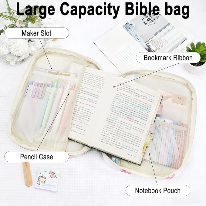 Lestp Bible Cover Case Study Supplies for Women Gifts Large Bible Cover with Highlighters Pens Tabs Cute Quilted Carrying Case Journal Kit Accessories Christian Gifts Sticky Notes C