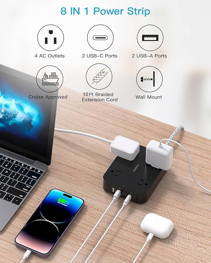 Black Flat Plug Extension Cord, HANYCONY 10ft Power Strip with 4 USB Ports(2 USB C), 4 Widely Outlets Extender, Wall Mount, Desk Charging Station for Office, Travel and Dorm Room Essentials