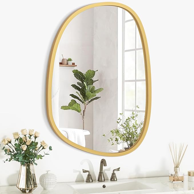 Irregular Gold Modern Asymmetrical Small Wooden Framed Hanging Wall Mirror - Unique Oval Shape for Bedroom, Bathroom, Entryway, Living Room