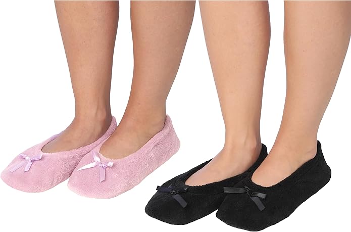 Roxoni Women's Terry Classic Cotton & Velour Ballerina Slippers (Pack of 2)