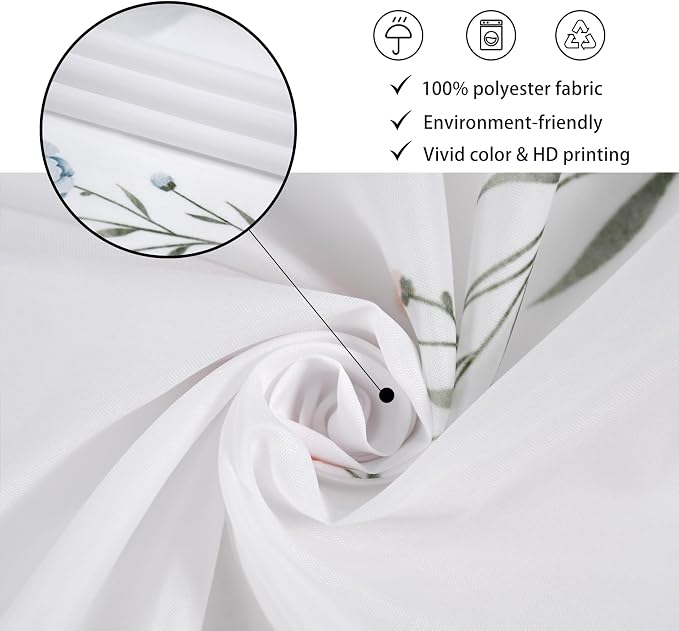 Floral Shower Curtain, Wildflower Botanical Plant Leaves Cute Flower Spring Herbs Elegant Waterproof Fabric Machine Washable for Bathroom Bathtub Decor with Hooks 72x72
