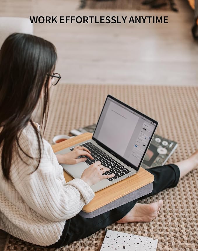 ZEAPTAC Lap Desk with Pillow Cushion, Portable Laptop Bed Desk, Fits up to 15.6 inch Laptop, Lap Stand for Bed & Couch & Carpet, Book Tablet/Drawing Board - Light Brown Wood