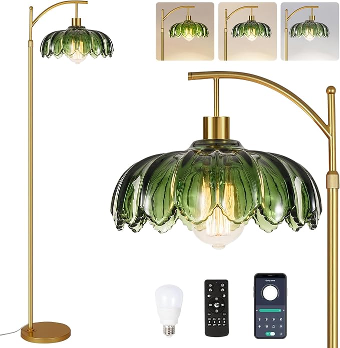ZECOXOL Gold Floor Lamps for Living Room Vintage Green Floor Lamp with Remote Control & Glass Lampshape,Dimmable Mid Century Modern Standing Lamp Tall Flower Lamp Brass Floor lamp for Bedroom Corner