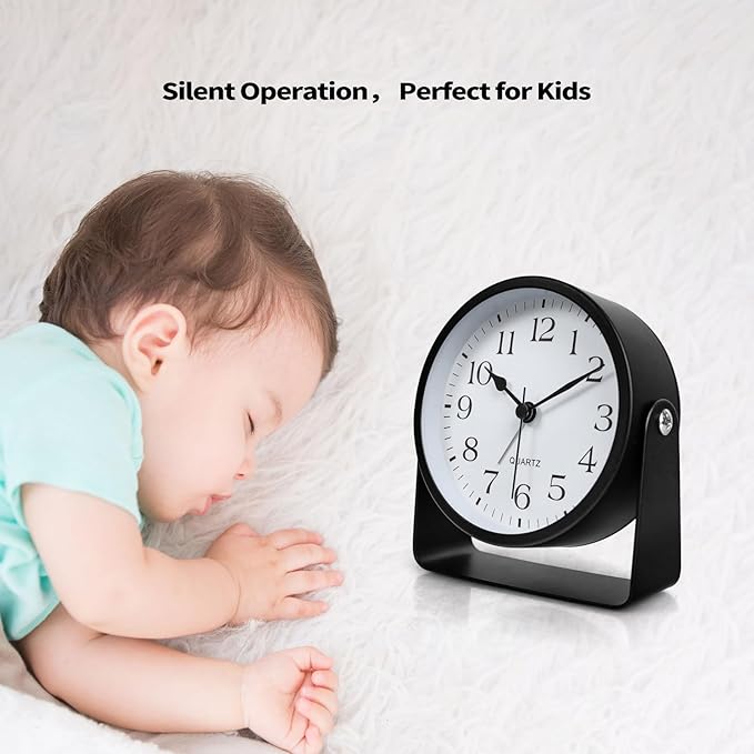 SCOAGE Small Luminous Desk Analog Alarm Clock Metal Bracket 360° Rotating Shelf Clock with Light Battery Powered Bedside Silent Cute Alarm Clock for Heavy Sleepers Elderly and Children Office Bathroom