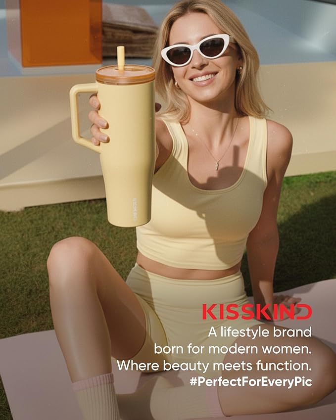 KISSKIND 40 oz Lumispin Tumbler with Handle and Hidden Straw, 100% Leak Proof Water Cup with Handle, Insulated Water Bottle for Travel, Mom, Nurse, Teacher, Student, Butter Yellow