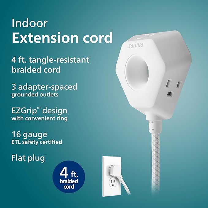 Philips EZGrip Indoor Extension Cord with Multiple Outlets, 3 Prong Grounded Cord, Short Extension Cord, Ergonomic Design, 16AWG, 4ft Braided Cord, ETL Listed, White, SPS3574W/37
