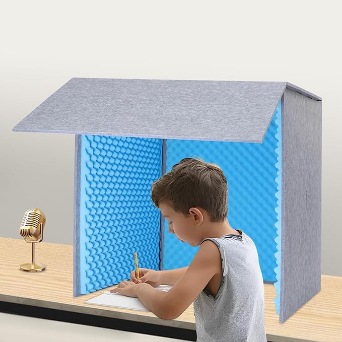 Desktop Soundproof Cover, Foldable Vocal sound absorbing shield, Isolation Booth for Voice Recording, Video Conferencing, Live Commentary, Musical Instrument Practice (Blue+Gray)