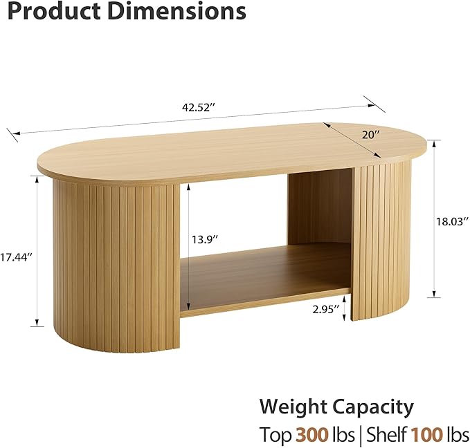 OneBlis Oval Fluted Coffee Table, 2-Tier Center Table with Large Storage, Mid-Century Modern Wood Coffees Table for Living Room, Home Office, Small Space, Oak