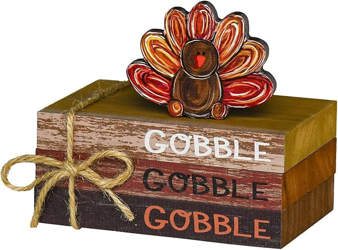 Smile Thanksgiving Wooden Decor Indoor, Turkey Decor Gobble Faux Books Bundle, Thanksgiving Table Tiered Tray Kitchen Decorations