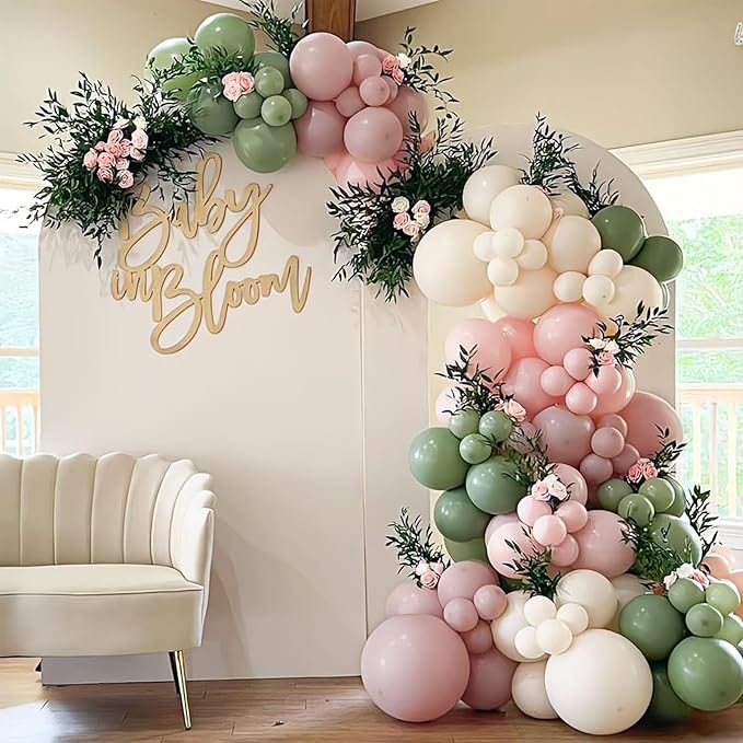 Baby in Bloom Balloon Arch Kit 139Pcs Dusty Pink and Sage Green Balloons White Sand Balloon Garland for Boho Baby Shower Wedding Bride Anniversary Birthday Bridal Bear Theme Decorations