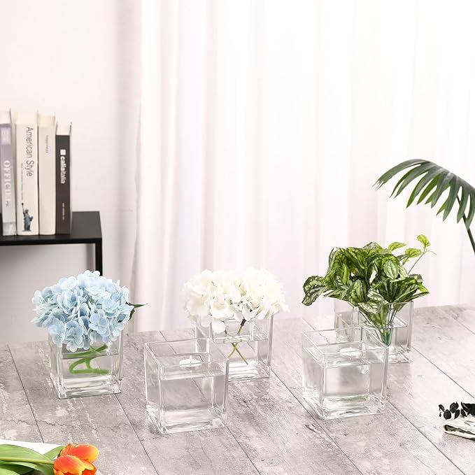 MARTAGE Square Glass Vases Set of 4, 5" x 5" x 5" Clear Flower Vases for Centerpieces, Square Vase for Flowers, Small Vase for Wedding, Party, Home Office Decoration