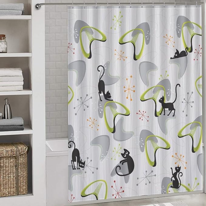 Mid Century Shower Curtain for Bathroom, Retro Geometric Modern Black Cat Abstract Atomic Pattern Lovely Kittey Rustic 1950s 1960s Grey Waterproof Fabric Shower Curtain Set with Hooks,72"x78" Inch