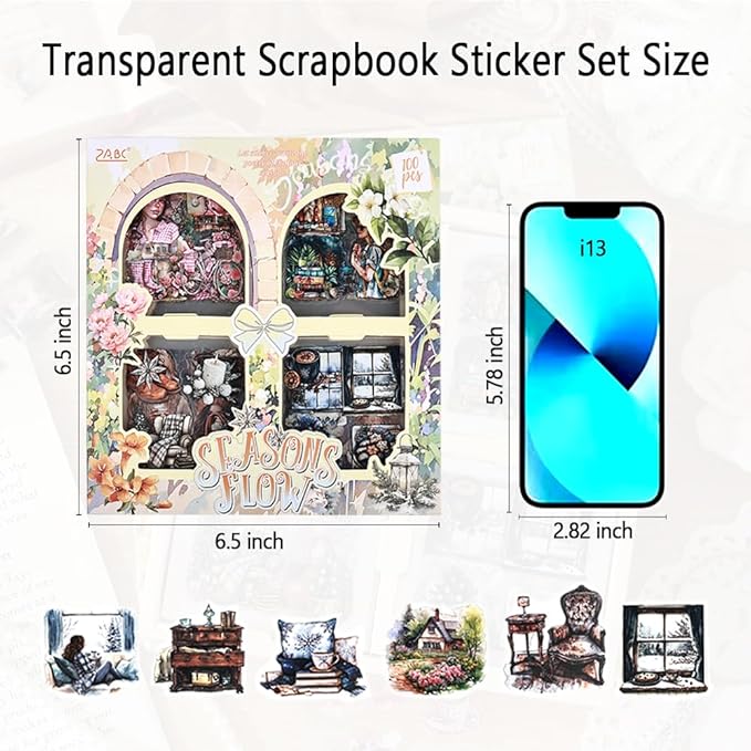 Scrapbooking Stickers Set for Adults, 100 Sheets 3.1 x 3.1 Inches Diecut Seasons Flow Theme, PET Stickers for Journaling, Junk Journal Supplies, Collage, Scrap Book, DIY Crats Arts Decorative