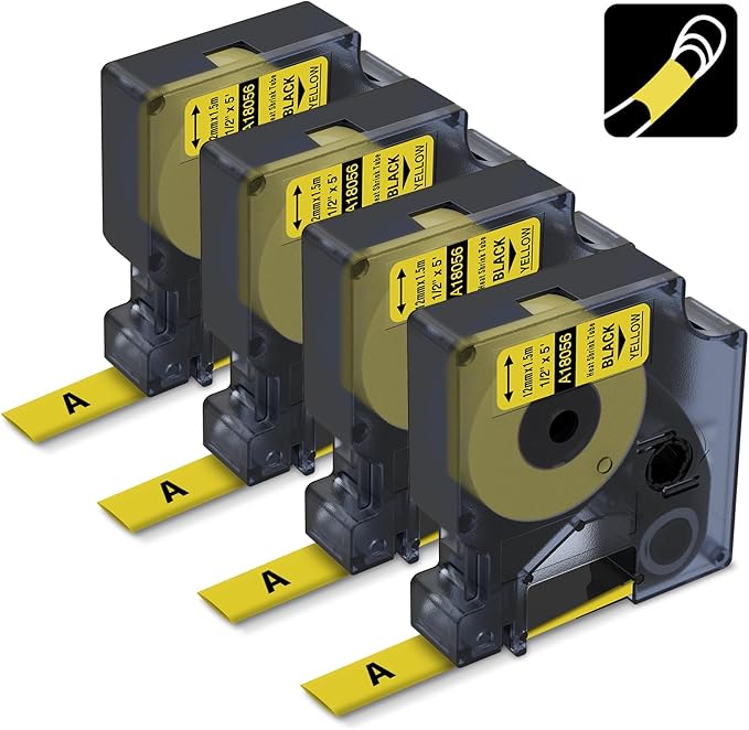Industrial Labels Replace for DYMO 18056 A18056 12mm Heat Shrink Tube Label Compatible with DYMO Rhino 4200, 5200, 5000, 6000, 6000+ Industrial Label Maker, Black on Yellow, 1/2" x 4.9',4-Pack