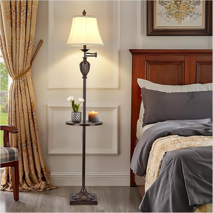 Traditional LED Floor Lamp with 350° Adjustable Swing Arm Lamp – Vintage Standing Pole lamp for Living Room, Bedroom and Office – Rustic Upright Floor Light for Home Décor with Silk Fabric Shade