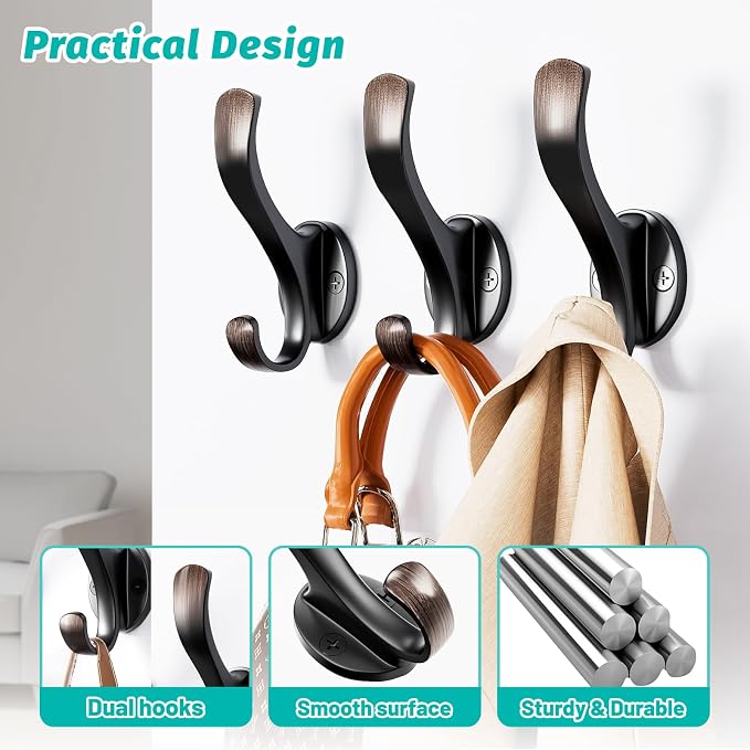 Heavy Duty Wall Hooks, Black, Metal Mounting Hardware, 6-Pack, Double Prong Design, Decorative Coat Hangers with Screws, Anchors (12, Vintage)