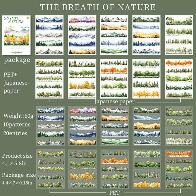 20 Sheets Nature Landscape Pre-Cut Journaling Stickers Book for Junk Journaling, Scrapbooking, Collage, Planner, Album, Transparent PET and Washi Stickers for Adults