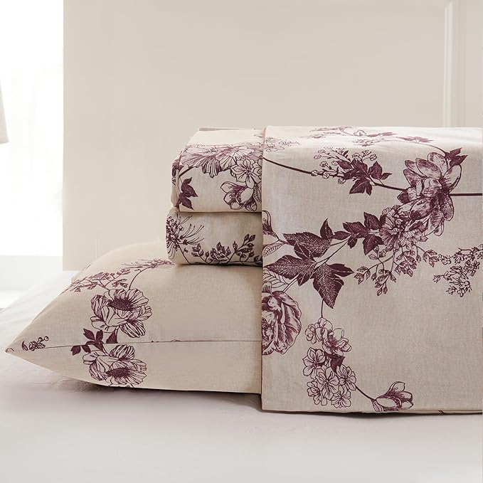 Zusbest King Size Sheets 100% Percale Cotton Red Floral Bed Sheet Set, Brushed Extra Softness, Breathable Luxury Toile Flannel Like Sheets Shabby Vintage Flower Print Deep Pocket Bed Set 17.5'' 4 Pcs