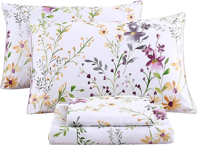 RYNGHIPY Cotton Floral Bed Sheet Set King Size Botanical Flowers Print Bedding Shabby Garden Floral Bed Sheets