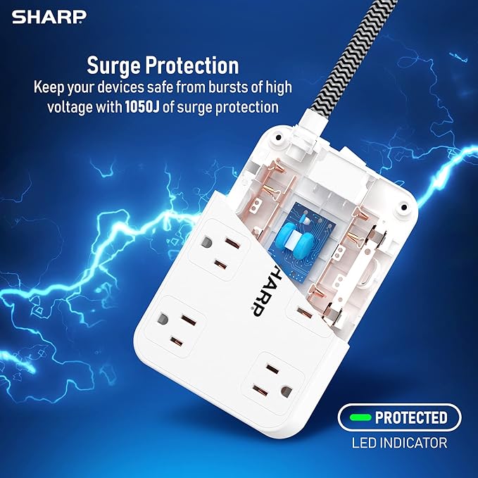SHARP Surge Protector Power Strip - 6 Widely Spaced Outlets with 4 USB Fast Charge USB Charging Ports (3 USB-A and 1 USB Type-C), Flat Wall-Hugger Plug and 6 ft. Braided Cord, White (Pack of 2)