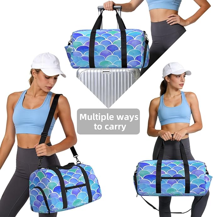 Sports Gym Bag Mermaid Scales Blue Purple Travel Duffel Bag With Shoe Compartment Shoulder Strap, Lightweight Water-Resistant Weekend Overnight Totes For Women Men