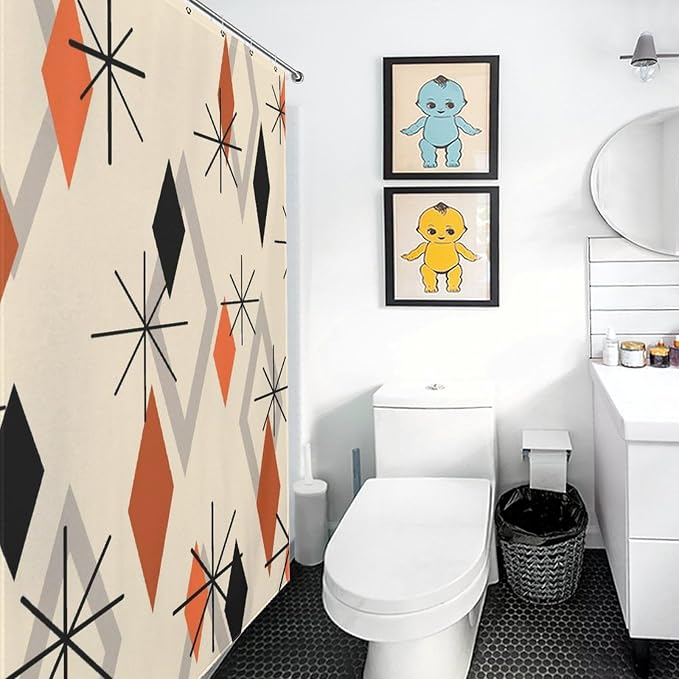 Geometric Modern Shower Curtain for Bathroom, Orange Mid Century Atomic Abstract Pattern 1950s 1960s Retro Vintage Style Waterproof Fabric Shower Curtain Set with Hooks, 72"x78" Inch