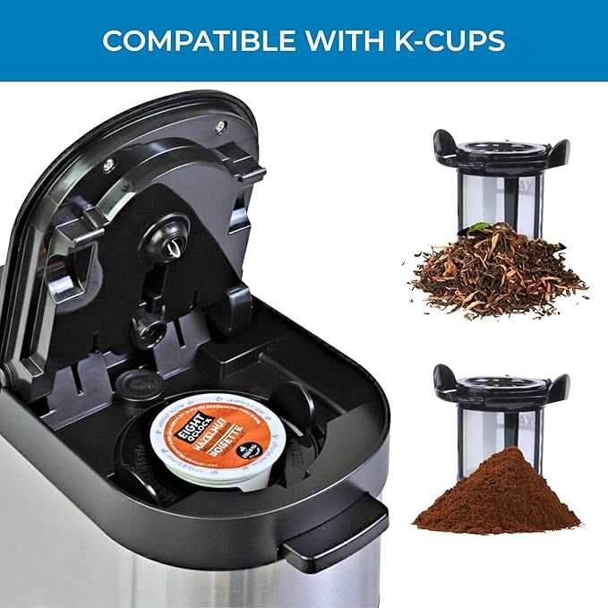 Kenmore Single Serve Coffee Maker – 6–14 Oz Brew Sizes, Compatible with Keurig K‑Cup Pods & Ground Coffee, One Cup Brewer, Travel Mug Friendly, Auto Shut‑Off, Hot & Iced Machine à café, White
