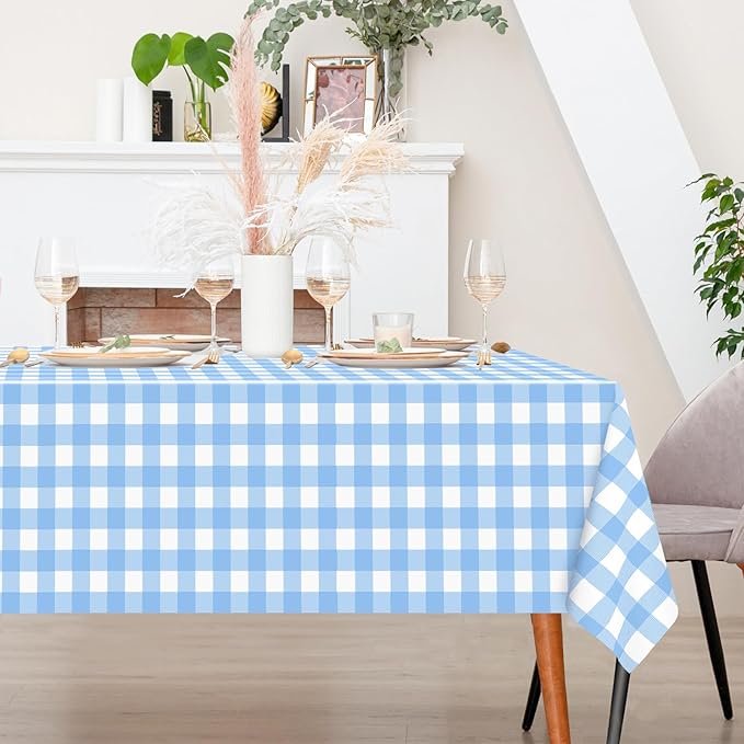 6 Pack Light Blue Gingham Tablecloth Rectangular Pale Blue and White Checkered Tablecloths Disposable Plastic Plaid Table Cover for Parties, Outdoor Picnic, Birthday, Wedding, Camping 54 × 108 Inch