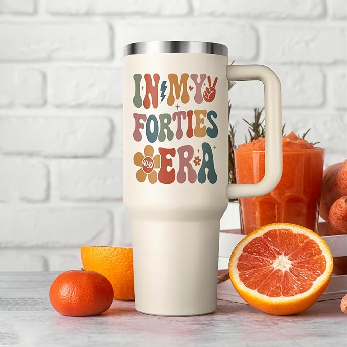 Shqiueos 40th Birthday Gifts for Women 40oz Tumbler with Handle and Straw Lid, 40 Year Old Gifts for Her, Mom, Friend, Sister, Daughter, 40s Birthday Decoration-In My Forties Era Cup Water Bottle