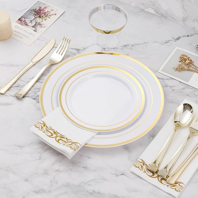 BESTVIP 350 PCS Gold Dinnerware Set for 50 Guests, Plastic Dinnerware Set for Party, Wedding, Christmas, Halloween, Include: 100 Plastic Plates, 50 Gold Silverware, 50 Cups, 50 Paper Napkins