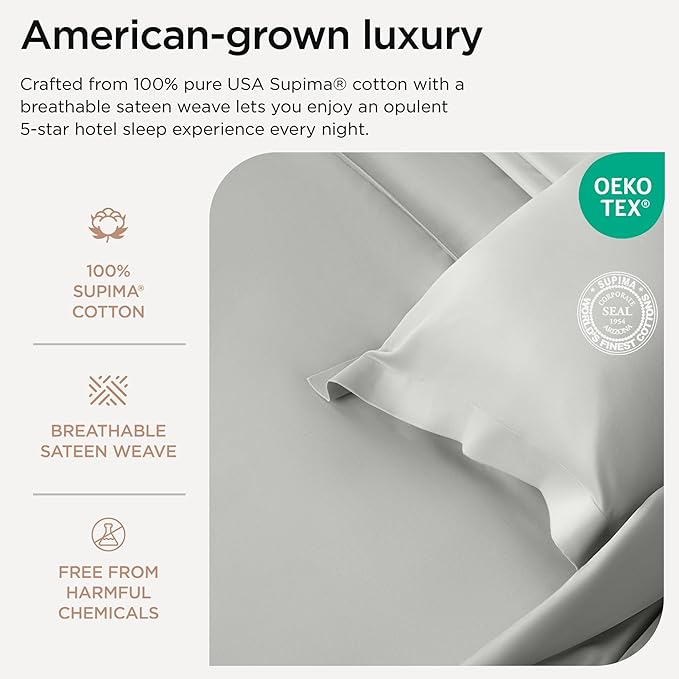 Threadmill Luxury Supima Cotton Sheets, 1200 Thread Count Soft 100% Cotton Sheets for King Size Bed, 4 Pc Light Grey King Bed Sheets Set, 5-Star Hotel Quality with Elasticized Deep Pocket King Sheet