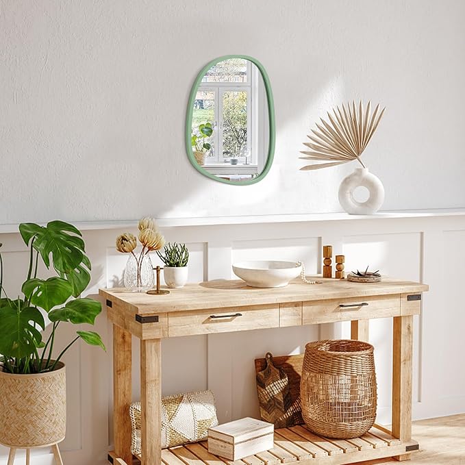 Green Asymmetrical Mirror Irregular Oval Wall Mirror Wood Frame Unique Shape Modern Wall Mounted Vanity Artistic Mirror for Living Room Bedroom Bathroom Entryway Decorative 14"x10"