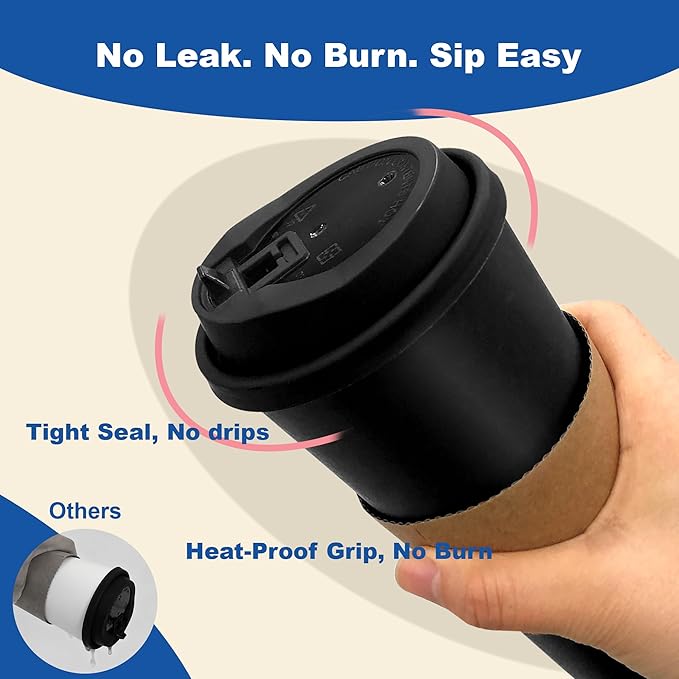 Coolcap 16 oz 500 Pack Coffee Cups with Lids and Sleeves, Straws, Hot Disposable To Go Travel Paper Cups Bulk for Office, Home Coffee Bar Accessories, Chocolate, Cocoa, Beverage (Black)