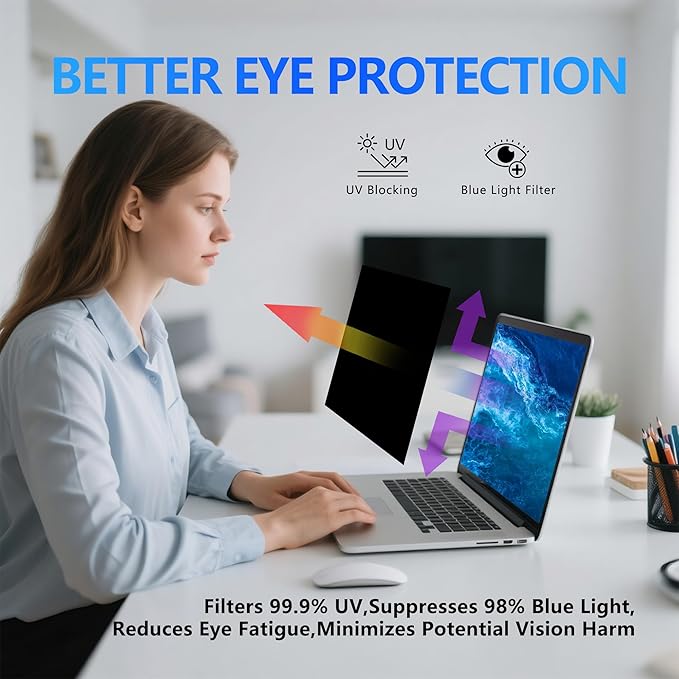 Halloive 4-Way Laptop Privacy Screen Shield 16 Inch 16:10 Aspect, Removable 360° Privacy Filter Screen Protector for 16 Inch Laptop Computer, Anti Glare Blue Light Slide Mount Tabs Cover