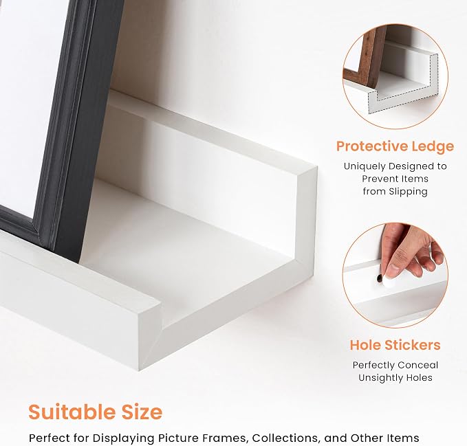 RICHFOCUS Picture Ledge Shelf, 40 inch Floating Shelves Set of 2, Wood Wall Shelves with Lip, Wall Decor Storage for Bedroom Living Room Bathroom Kitchen Nursery Photo Picture, White