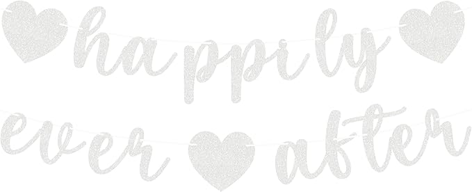 Pre-Strung Happily Ever After Banner - Silver Glitter Bachelorette Bridal Engagement Party Decoration Supplies, Bachelorette Wedding Party Banner for Engagement, Bridal Shower, Wedding Party Photo Booth Props