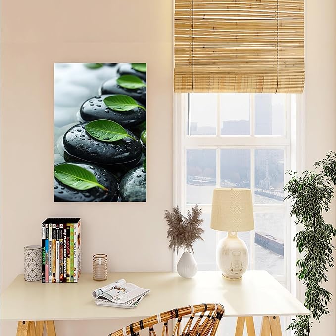 Glittering black stone cluster with fresh green leaves and water drops poster tranquil mist rain wall art zen wall art suitable for modern minimalist home decor 32x48in Frameless