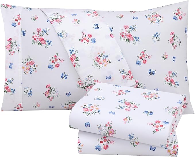 RUVANTI 100% Cotton Twin XL Sheet Sets, 3 Pieces, Soft & Breathable Percale Weave Bedding, Deep Pocket 16", Hotel Standard, Crisp Cool Feel, Durable, Perfect Size Floral Sheets, Funa Flora
