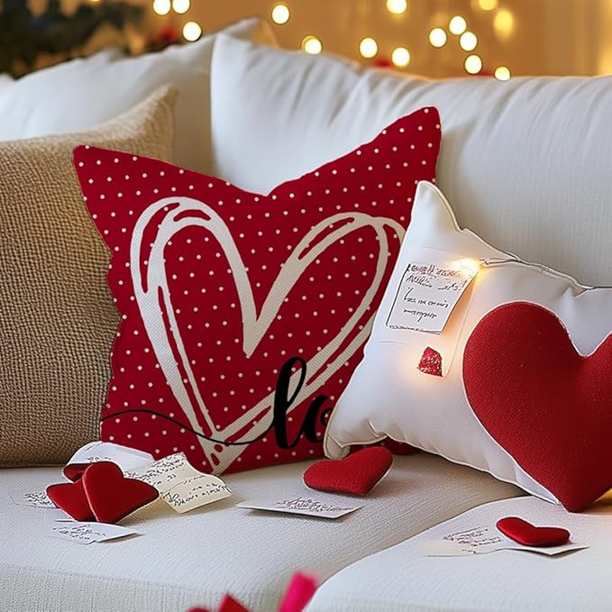 GEEORY Happy Valentine's Day Love Throw Pillow Covers 18x18 Inch Set of 4, Hearts Polka Dots Decorative Farmhouse Wedding Cushion Case for Home Decoration (Red) G662-18