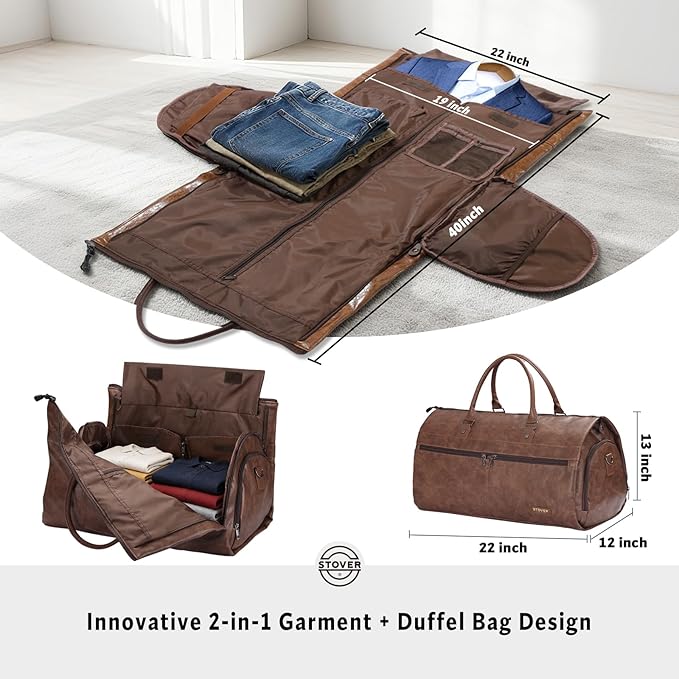 STOVER Garment Travel Duffle Bag, Large 2-in-1 Convertible Carry-on Luggage for Men & Women- Hanging Suits, Dresses & Clothes + Shoe Compartment- Weekender Tote Combo Duffel (Brown Leatherette)