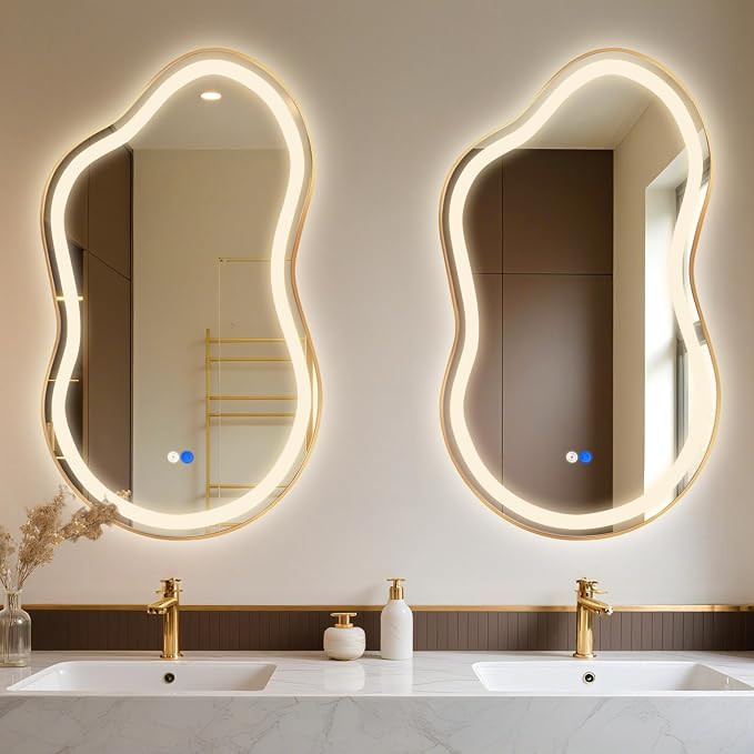 Irregular LED Bathroom Mirror with Lights, Cloud Smart Backlit Mirror, Dimmable Lighted Bathroom Gold Mirror with Anti-Fog, Asymmetrical Vanity Mirror Hangable 2 Ways (Gold, 26 x 46, 1 Pack)